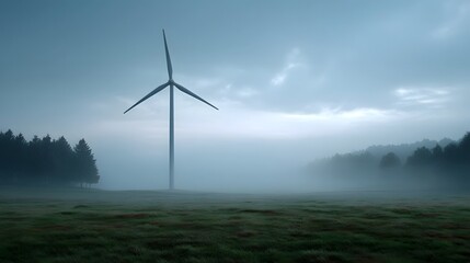 Obraz premium Lone wind turbine in foggy field at dawn symbolizes renewable energy
