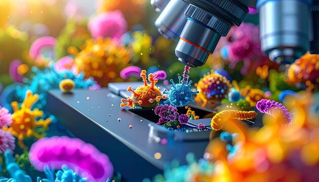 Microscope examines colorful viral cell samples, vibrant and abstract against a blurred, organic backdrop - Powered by Adobe