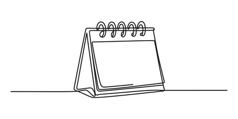 Continuous line drawing of an empty desk calendar with spiral binding, perfect for time management, scheduling, planning, appointments, events. Vector