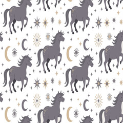 Cute seamless pattern with grey horses and stars in boho style. Pajamas and T-shirt design. Vector illustration zodiac animals on white background




