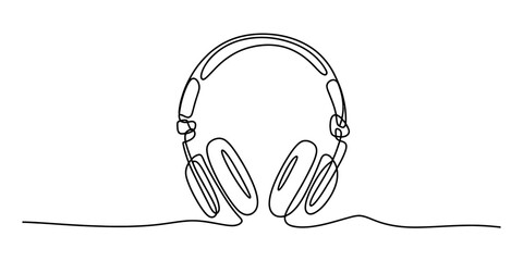 Continuous line drawing of modern studio headphones, minimalist illustration of audio equipment for music, podcast, and sound enjoyment Vector