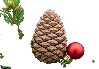 Closeup of a large pine cone with a red christmas ornament on a transparent background