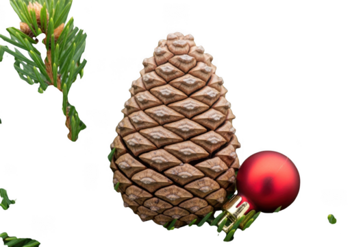 Closeup of a large pine cone with a red christmas ornament on a transparent background