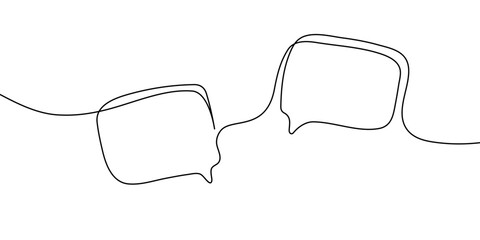 Naklejka premium Continuous one line drawing of speech bubbles and chat icons. Minimalist vector illustration of communication bubbles, including blank templates for messages, tips, or dialog boxes.