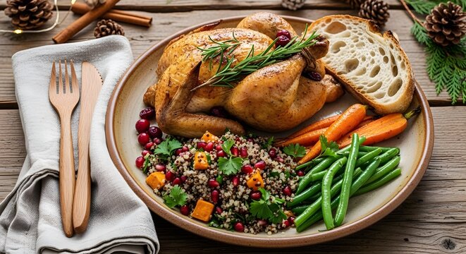 Deliciously roasted whole chicken served with quinoa salad and fresh vegetables on rustic wooden table