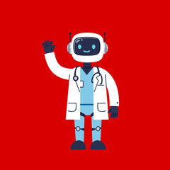 A friendly white robot dressed as a doctor with stethoscope and lab coat waves happily against a red background in clean flat vector style, perfect for healthcare technology, medical AI, or robotics i