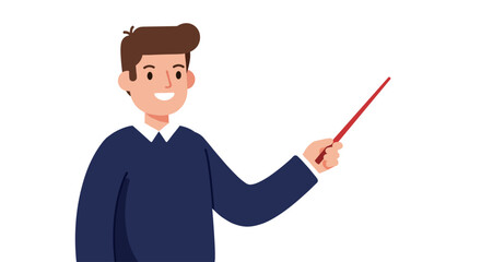 A smiling male teacher in a vest holding a red pointer stick and gesturing toward the viewer in friendly flat vector style, suitable for education, classroom, training, or presentation concepts.