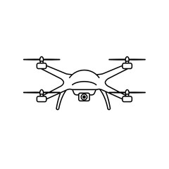 A minimalist black silhouette of a four-rotor quadcopter drone shown from below in clean flat vector style, perfect for technology, aerial photography, delivery drone, or surveillance concepts.