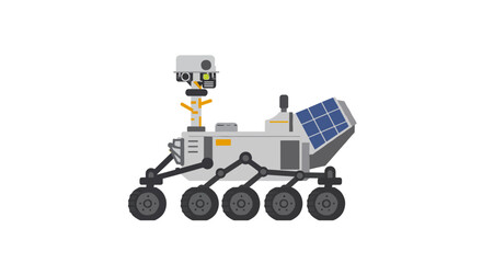 A six-wheeled planetary exploration rover equipped with cameras, robotic arm, and solar panels in detailed flat vector style, ideal for space exploration, Mars mission, or robotics illustrations.