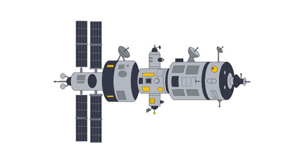 A modern communication satellite with extended solar panels and antennas floating in space, rendered in clean flat vector style ideal for technology, telecommunications, space exploration, or GPS conc