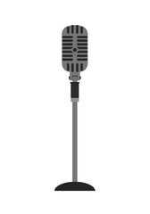 Fototapeta premium A classic retro silver microphone on a tall stand in minimalist flat vector style, suitable for podcasting, karaoke, public speaking, music recording, or broadcasting illustrations.