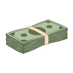 A thick bundle of U.S. hundred-dollar bills secured with a yellow rubber band, shown in minimalist flat vector style suitable for money, finance, wealth, payment, or business illustrations.