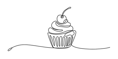 Minimalist single continuous line drawing of a sweet cupcake with elegant whipped cream frosting and a single cherry on top, dessert art illustration vector Vector