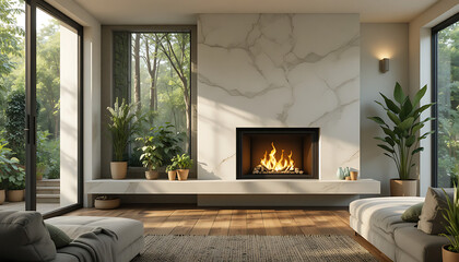 A bright and airy living room featuring a modern fireplace with a marble surround, complemented by lush greenery and comfortable seating, creating a serene atmosphere