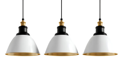 Set of three white and gold pendant lights on a transparent background