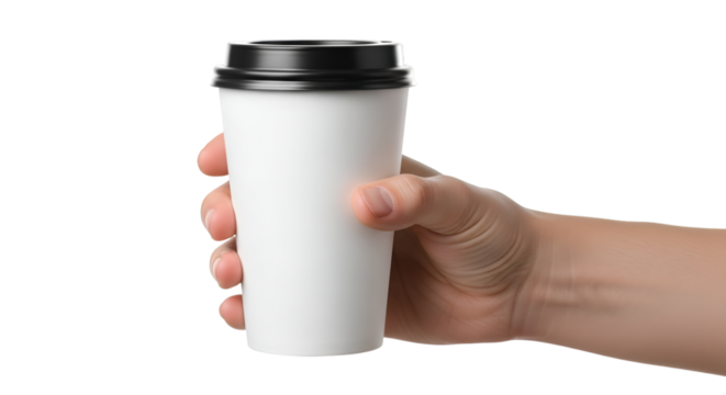 Hand Holding White Coffee Cup with Black Lid paper cup