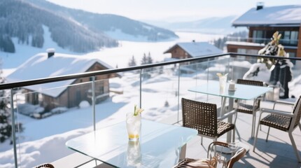 Cozy Winter Balcony with Refreshing Drink Overlooking Snowy Landscape