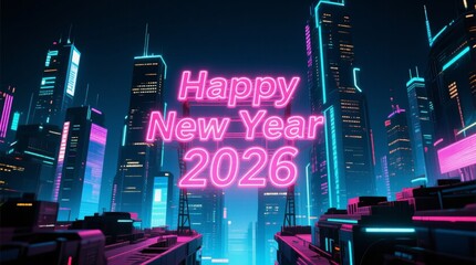 Futuristic Cityscape with Neon Lights Celebrating New Year 2026
