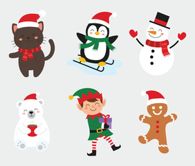 Cute Christmas Characters Vector Illustration with Santa Hat and Festive Elements
