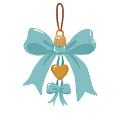 Blue ribbon bow ornament illustration with gold heart and small bow pastel Christmas clipart perfect for elegant holiday decor wrapping paper crafts and festive card designs