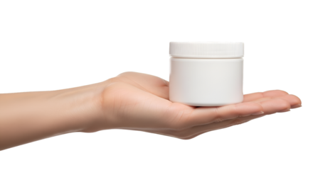 Hand holding a white plastic jar container