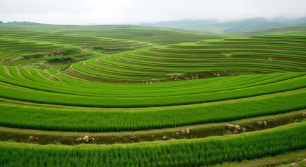 Lush Green Rice Terraces on a Misty Morning.
