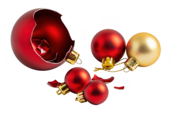 A broken red christmas ornament lies shattered on a white surface with other intact red and gold ornaments isolated on transparent background