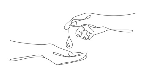 Minimalist continuous line art drawing of two hands, one pouring a drop of liquid onto the palm of the other, symbolizing care and hygiene. Vector