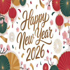 Happy New Year 2026 greeting. Beautiful handwritten quote. Confetti, Celebration, Greetings, Chinese New Year. Poster, card or banner. Vector isolated on white background




