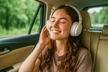 Horizontal photo of a young woman sitting in a car, eyes closed and smiling with white headphones on, enjoying music during a road trip. The bright natural light and green scenery outside