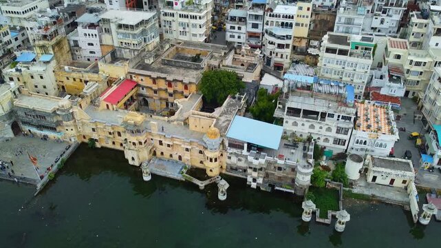 Aerial Distant View of Bagore Ki Haveli beside Lake Pichola, Udaipur