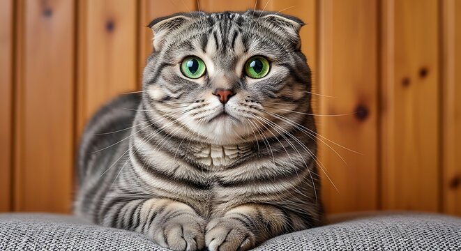 Scottish fold cat with green eyes lying down on a grey textured surface against a wooden background