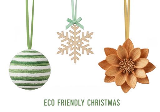 Three ecofriendly christmas ornaments including a striped ball, a wooden snowflake, and a wooden flower, isolated on transparent background