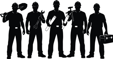 Silhouettes of five diverse skilled workers with tools and plans