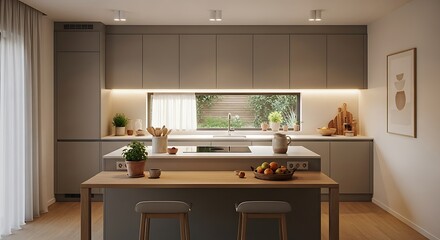Modern Kitchen Island with Sleek Cabinetry and Natural Light.