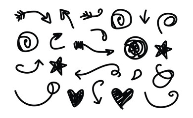 Hand drawn doodle arrows hearts and stars collection for design