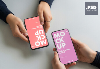 Mockup of two phone screens held by two people accross each other