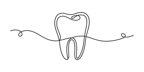 Obraz premium Minimalist continuous line art drawing of a human tooth, representing dental health, oral care, dentistry, and hygiene concepts, simple elegant vector icon Vector