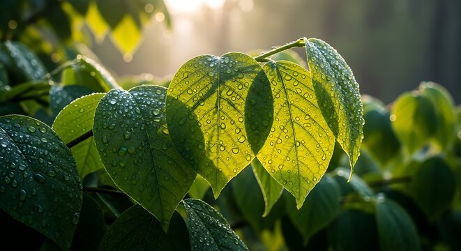Dew drops on green leaves in morning sunlight.