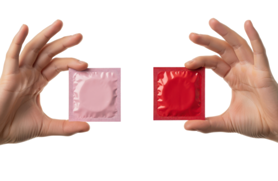 Hands holding two wrapped condoms, pink and red