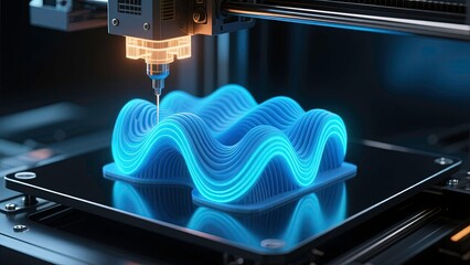 3d printing process creating a glowing blue abstract structure with flowing wave-like particle. AI Generative