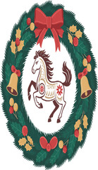 Christmas wreath with christmas horse. Chinese new year symbol 2026. Vector illustration zodiac animals preparation for the new year, winter holidays on white background




