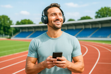 Horizontal image of a fit young man wearing dark headphones while holding a smartphone on a running track in daylight. He smiles confidently showing motivation, vitality, ideal for fitness, sportswear