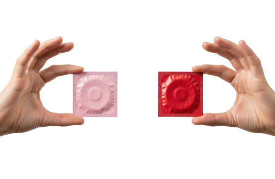 Hands holding a pink and a red condom package, representing safe sex and sexual health awareness