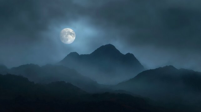 Full moon lighting a misty forest valley. Night landscape with foggy mountains and trees. Mysterious nature scene for serene background.
