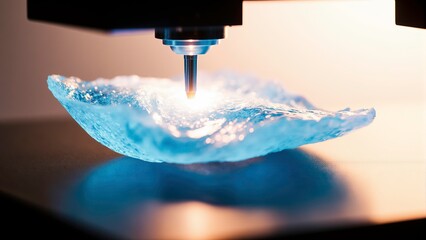 3d printing process creating a glowing blue abstract structure with flowing wave-like particle. AI Generative