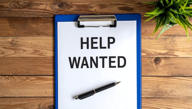 Overhead view of a blue clipboard with "HELP WANTED" written on it, a pen, and a plant on wooden planks