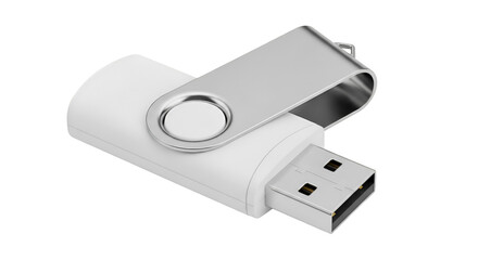 White USB Flash Drive with Silver Metal Swivel Cap on Black Background