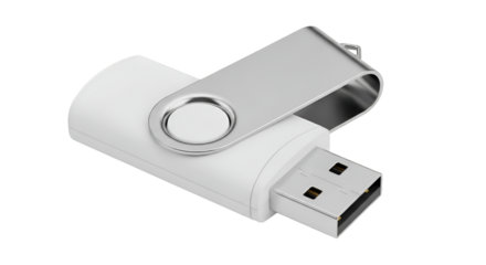 White USB Flash Drive with Silver Metal Swivel Cap on Black Background