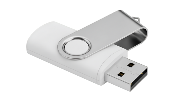 White USB Flash Drive with Silver Metal Swivel Cap on Black Background